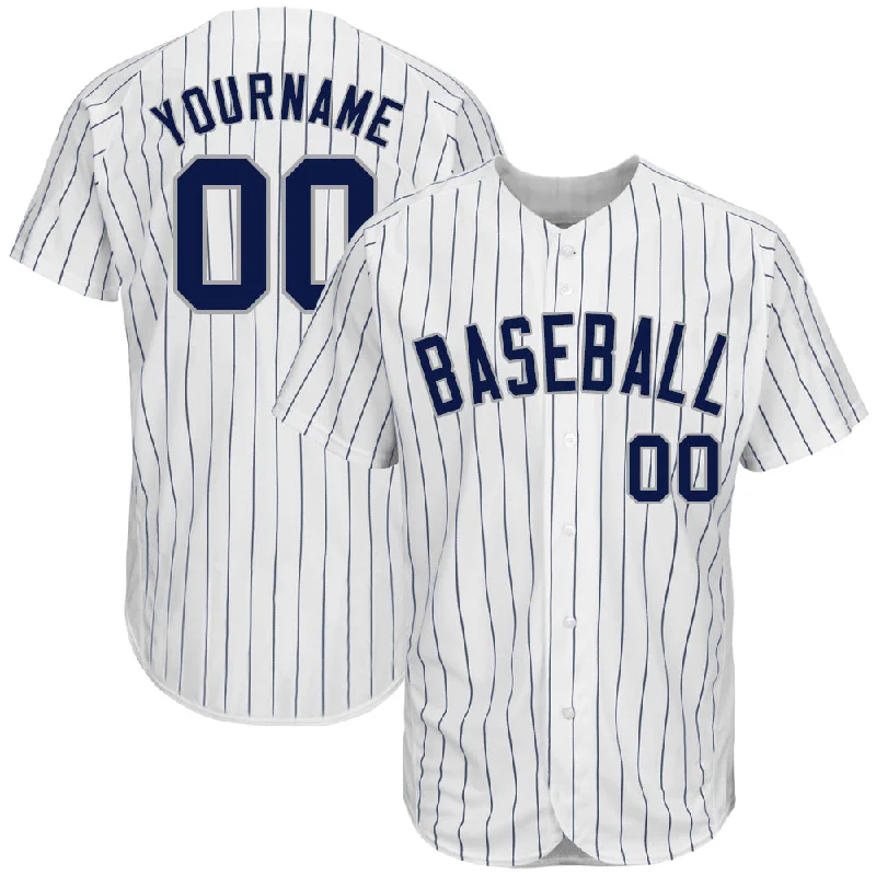 Custom White Navy Pinstripe Navy-Gray Authentic Baseball Jersey