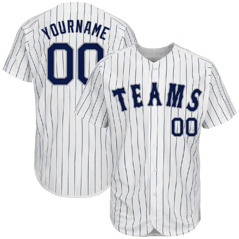 Custom White Navy Pinstripe Navy-Gray Authentic Baseball Jersey