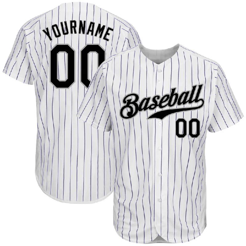 Custom White Purple Pinstripe Black-Gray Authentic Baseball Jersey